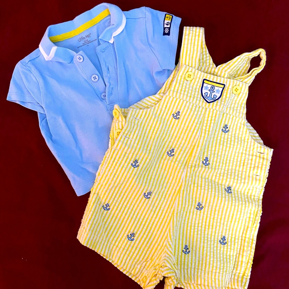 Little Me yellow seersucker overalls